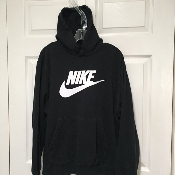 Nike Club Fleece Hoodie Men's L  Black White Big Swoosh Logo Spellout Pullover - Picture 1 of 4